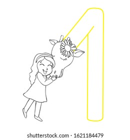 Girl hugging a giraffe. Vector illustration of hand-drawn. Coloring book for adults and children.
