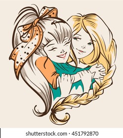 Girl hugging girlfriend. Two happy sisters. Vector cartoon illustration