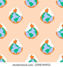 Girl hugging the globe seamless pattern for earth day