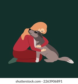 A girl hugging a gray dog. husky breed, malamute. Mutual understanding, love for animals, mental connection, calmness, interaction, strong friendship, consolation, contact with nature. The pet smiles.