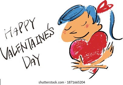 Girl hugging a heart on Valentine's Day