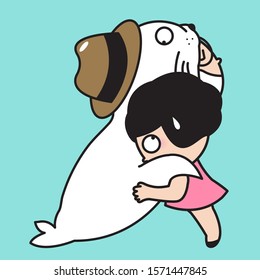 Girl Hugging Her Boyfriend In Seal Costume. Love And Relationships Concept Card Character illustration