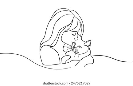 Girl hugging her cat continuous line art drawing isolated on white background. Vector illustration
