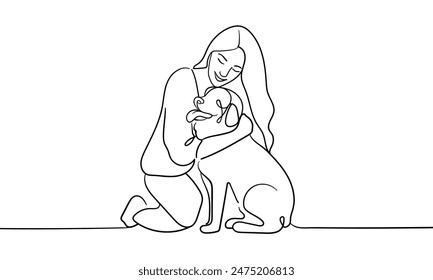 Chica abrazando a su perro dibujo de arte en línea continua aislado sobre fondo blanco. Ilustración vectorial