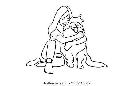 Girl hugging her dog continuous line art drawing isolated on white background. Vector illustration