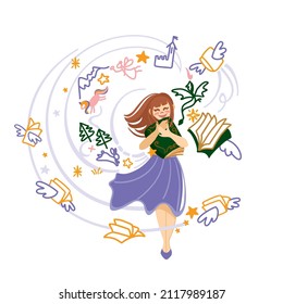 Girl hugging her favorite book with fairy tales. World book day. Vector illustration. Vector.