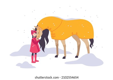 Girl hugging her pet horse outdoors in winter flat icon vector illustration