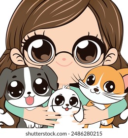 girl hugging her pets, a cat, a dog and a rabbit