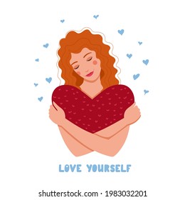 Girl hugging herself with her arms conceptual illustration in flat style. Love yourself. Vector file.