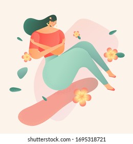 Girl Hugging Herself With Love Among Plumeria Flowers And Leaves Background. Love Yourself. Pamper Yourself. Reward Yourself. Self-love Concept. Spa And Beauty Abstract Modern Vector Illustration.