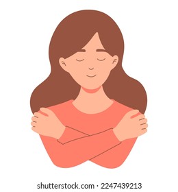 Girl hugging herself. Self care, love yourself concept vector illustration. International Women's day card.