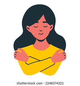 Girl hugging herself. Self care, love yourself concept vector illustration. International Women's day card.