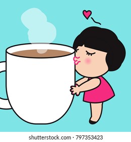 Girl Hugging And Kissing Her Cup Of Coffee. Concept Of Coffee Lover Card Character Illustration