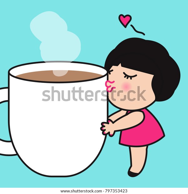 コーヒーを持ち出し カップにキスをする女の子 コーヒー愛好者カードのキャラクターイラストのコンセプト のベクター画像素材 ロイヤリティフリー
