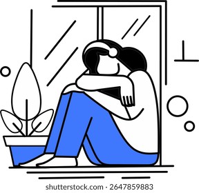 Girl hugging knees crying feeling sad sitting by window and depressed anxiety stress and mental health and depression theme flat vector illustration. 
