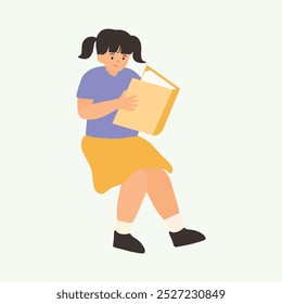 Girl Hugging a Large Book While Sitting. A young girl sitting down while hugging a large book, depicting her love for reading, education, or study, perfect for school or literary themes