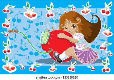 	Girl hugging a large cherry. Green beetle sits on a cherry. Background with cherries.