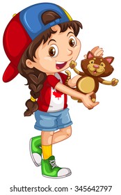 Girl hugging a little cat illustration