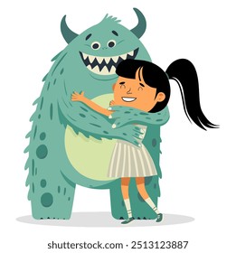 Girl Hugging Monster. Flat Vector Illustration