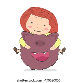 Girl hugging monster. Friendship instead of fear