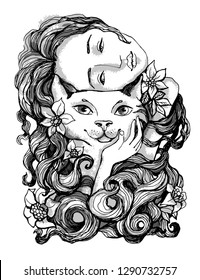 Girl hugging pet cat. Vector illustration. 
