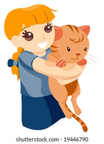 Girl Hugging Pet Cat - Vector