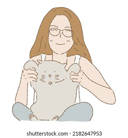 Girl hugging, petting, holding, carrying, playing with cat. Best friend and family member. Hug Your cat Day. Hand drawn flat vector illustration in pastel soft tone isolated on white background
