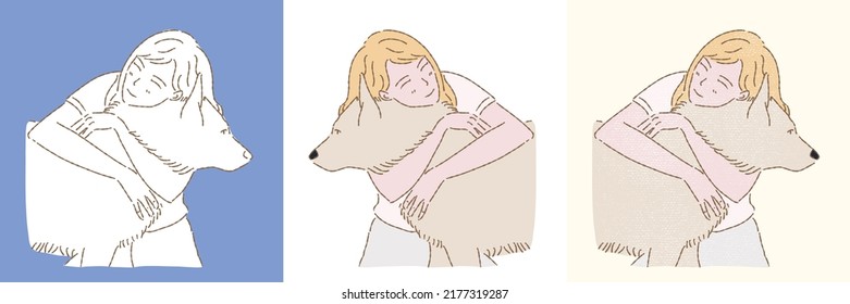 Girl hugging, petting, playing, cuddling with four-legged domestic animal friends as dog. Best friend and family member. National Hug Your Dog Day. Set of different styles hand drawn flat vector 