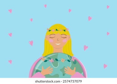 Girl hugging planet, earth day, love, hearts, hugs, nature, environmental protection, background with hearts, blonde, planet protection, nature