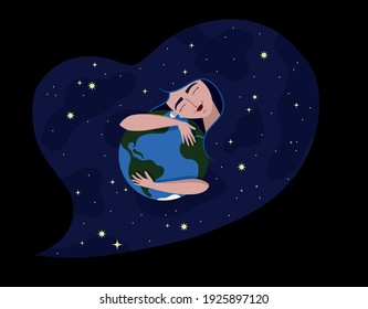 
Muchacha abrazando un planeta en el espacio