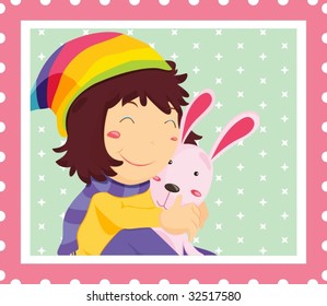 Girl hugging rabit with hearts on a stamp