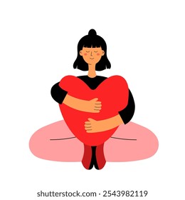 Chica abrazando el corazón rojo. Mujer en abrazos con San Valentín. Concepto de amor propio. Ilustración vectorial plana aislada sobre fondo blanco