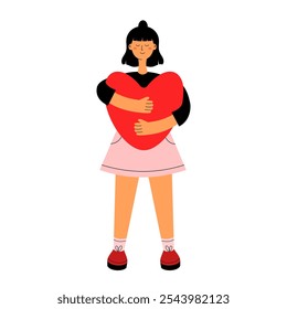 Chica abrazando el corazón rojo. Mujer en abrazos con San Valentín. Concepto de amor propio. Ilustración vectorial plana aislada sobre fondo blanco