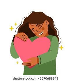 Girl hugging red heart. Woman hold love symbol. Self love, smiling character mental health. Happy embrace. Charity donation. Cardio medical, happiness cartoon flat isolated vector concept