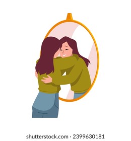 Girl hugging the reflection in mirror flat style, vector illustration isolated on white background. Decorative design element, support and self care, cute smiling character