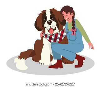 chica abrazando a un perro de San Bernardo. Ilustración vectorial de Personas de dibujos animados.