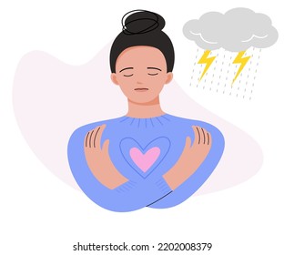 The girl hugging self for reducing anxiety and depression. self care concept. flat vector illustration.