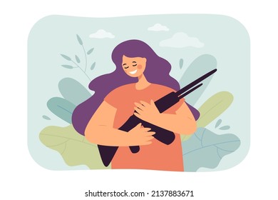 Girl hugging shotgun flat vector illustration. Cheerful woman with closed eyes holding weapon, opposing violence. Peace, freedom concept for banner, website design or landing web page