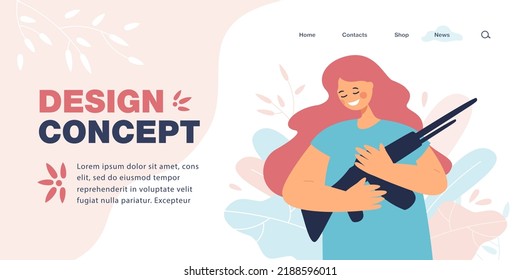 Niña abrazando escopeta ilustración vectorial plana. Mujer alegre con los ojos cerrados sosteniendo un arma, oponiéndose a la violencia. Paz, concepto de libertad para banner, diseño de sitio web o página web de aterrizaje