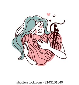 Girl hugging a skein of yarn. Tools for knitting. Knitting hobby. Linear logo. Vector illustration.