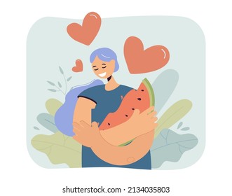 Girl hugging slice of watermelon flat vector illustration. Happy young woman with hearts under her head eating her favorite summer fruit. Food concept for banner, website design or landing web page