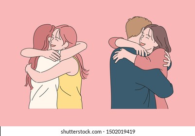 A girl is hugging girl and smiling face  A girl is hugging boy and smile  hand drawn style vector design illustrations 