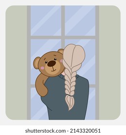 Girl hugging a teddy bear turned her back in front of the window. Vector illustration. Cartoon. For prints, t shirts, bags, avatar, cover.
