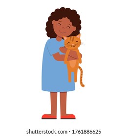 Girl hugging their pet. African american girl with cat in her arms. Best friends