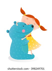 Girl hugging toy cute bear  Little girl embracing bear  Child and toy teddy  cheerful   smile kid  Vector illustration