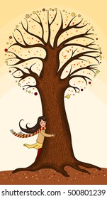 Girl hugging a tree. Drawn by hand. Vector illustration.