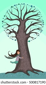 Girl hugging a tree. Drawn by hand. Vector illustration.