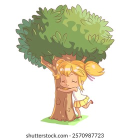 Girl hugging a tree, vector illustration