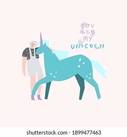 Girl hugging unicorn. Handwritten text: you are my unicorn. Vector template for postcard print  pin label badges sticker