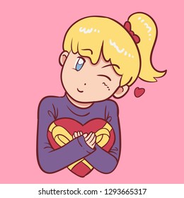 Girl hugging valentine chocolate